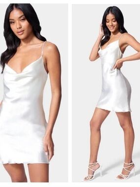 bebe White Satin Cowl Neck Slip Dress